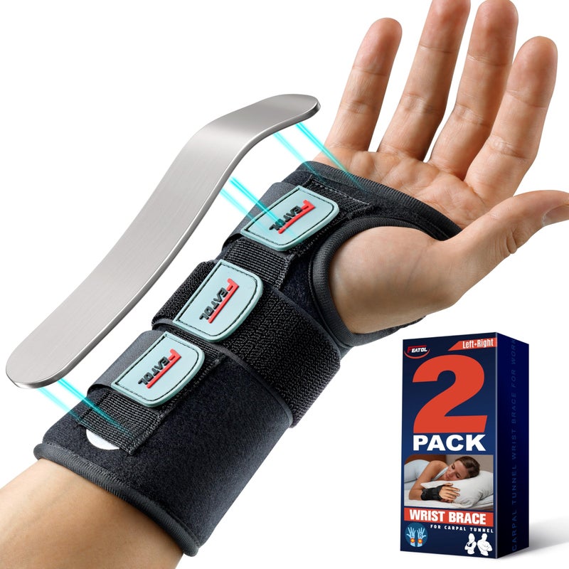 FEATOL Carpal Tunnel Wrist Brace Night Support 2 Pack Wrist Splint for Pain Relief Tendonitis Sprained Arthritis Metal Splint Stabilizer With Hand Brace FOR Sleeping Women Men RightLeftML