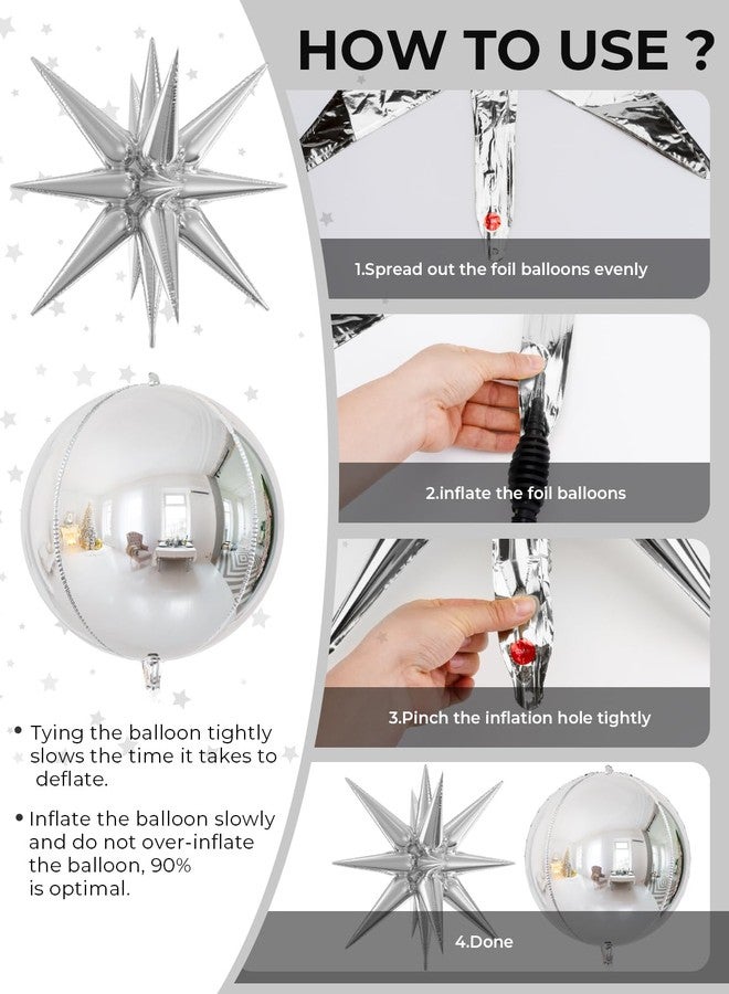 Haolongfa 22 Inch Silver Foil Balloons, 6 Pcs 4D Round Silver Mylar Balloons with Explosion Star Balloon, Metallic Silver New Years Balloon for New Years Eve Party Supplies 2025 - Image 5