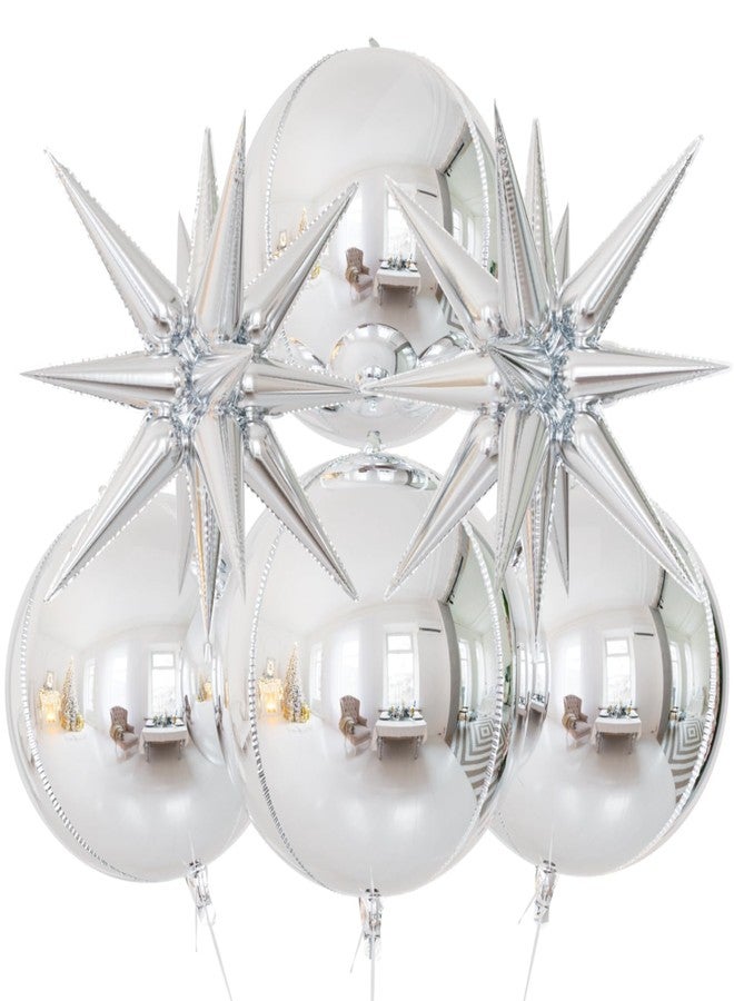 Haolongfa 22 Inch Silver Foil Balloons, 6 Pcs 4D Round Silver Mylar Balloons with Explosion Star Balloon, Metallic Silver New Years Balloon for New Years Eve Party Supplies 2025 - Image 1