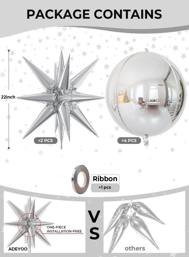 Haolongfa 22 Inch Silver Foil Balloons, 6 Pcs 4D Round Silver Mylar Balloons with Explosion Star Balloon, Metallic Silver New Years Balloon for New Years Eve Party Supplies 2025 - Image 2