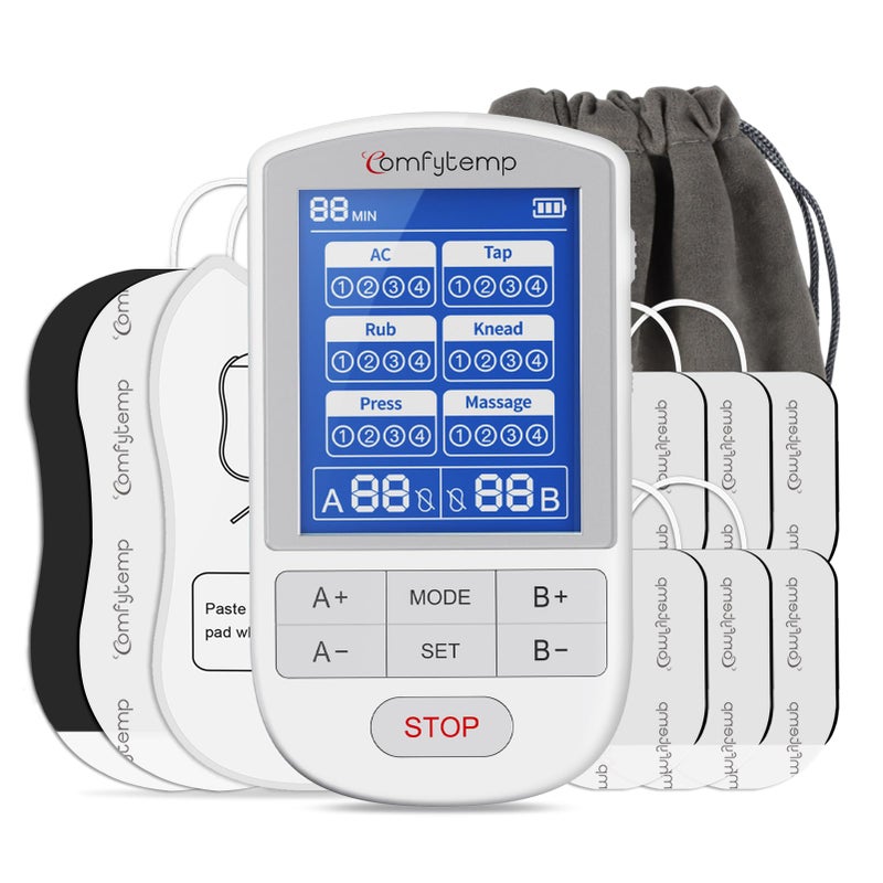 جهاز تحفيز العضلات Comfytemp TENS وحدة FSA HSA مؤهلة قنوات مزدوجة آلة TENS لتخفيف الألم هدايا يوم الأب جهاز تدليك نبضي إلكتروني للظهر وتقلصات الدورة الشهرية والرقبة وعلاج عرق النسا 24 وضعاً