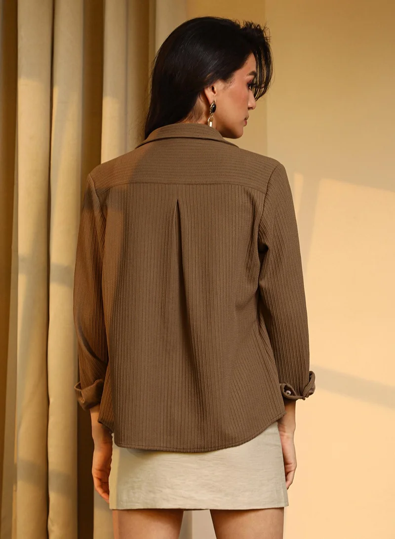 PINACOLADA Pinacolada Women's Mocha Brown Ribbed Striped Shirt For Casual Wear | Spread Collar | Long Sleeve | Button Closure | Shirt Designed With Comfortable Fit For Woman & Girls