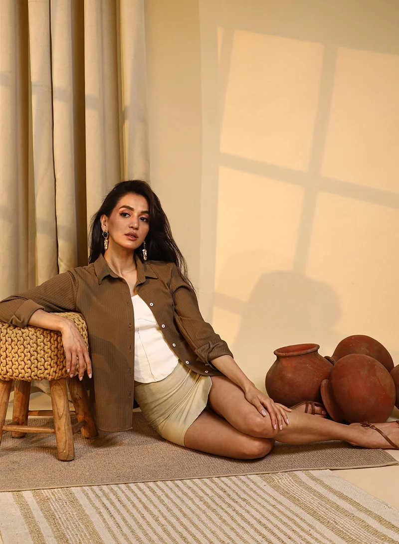 PINACOLADA Pinacolada Women's Mocha Brown Ribbed Striped Shirt For Casual Wear | Spread Collar | Long Sleeve | Button Closure | Shirt Designed With Comfortable Fit For Woman & Girls