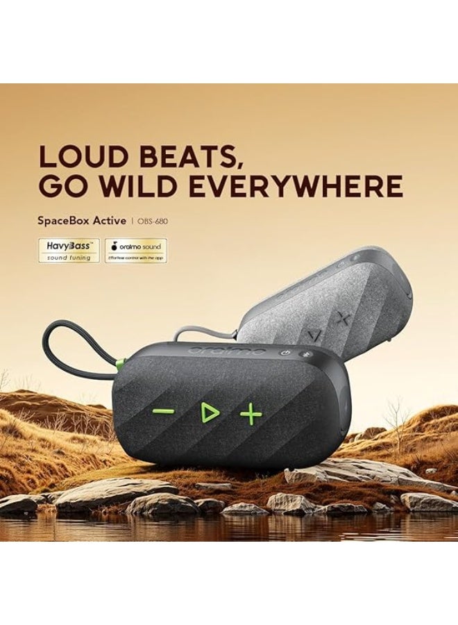Oraimo SpaceBox Active 25W Wireless Bluetooth Speaker OBS-680-BK, Portable Outdoor Speaker with HavyBass™, FM Radio, Custom EQ, Stereo Pairing, IP55 Water & Dust Resistant, 14H Playtime black