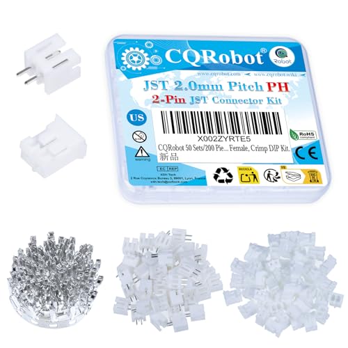 CQRobot JST PH 2.0 mm Pitch 2-Pin Electronic Computer Connector IC Male Plugs, Female Sockets Housing and T-Shaped Crimp Terminal Kit. 50 Sets/200 Pieces Wire-to-Board Adapter Cable Assembly. - Image 1