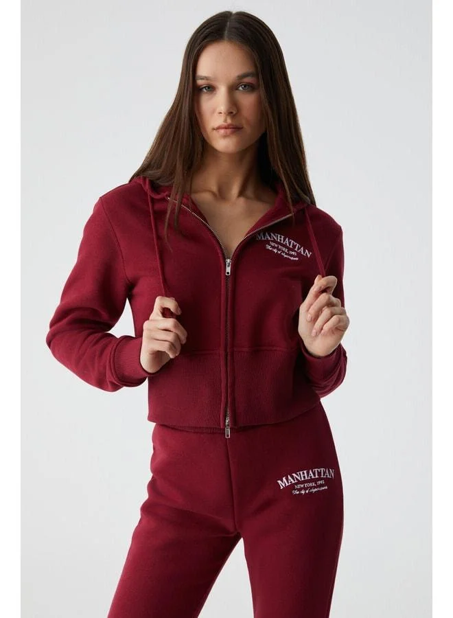 Grimelange IRESSINE Women's Hooded Zipper Long Sleeve Regular Burgundy Sweatshirt.
