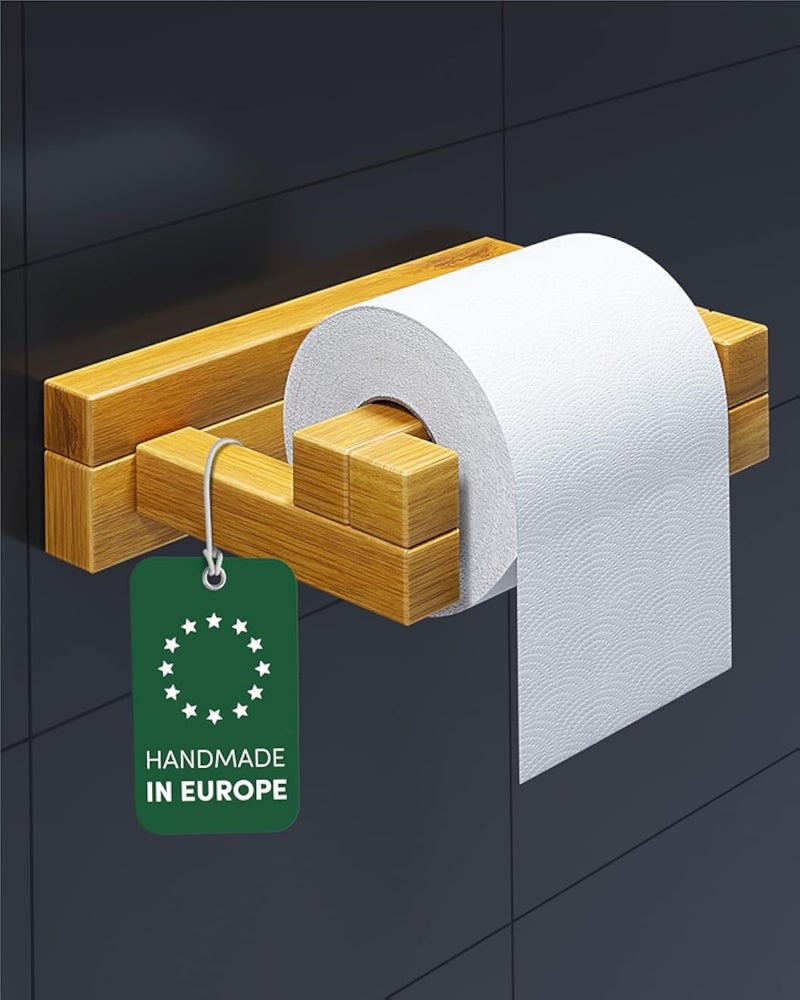 Fritz Wooden Toilet Roll Holder - Easy Assembly - Toilet Roll Holder No Drilling - High Quality Real Wood Stylish Design - Wooden Toilet Paper Holder - No Drilling Required