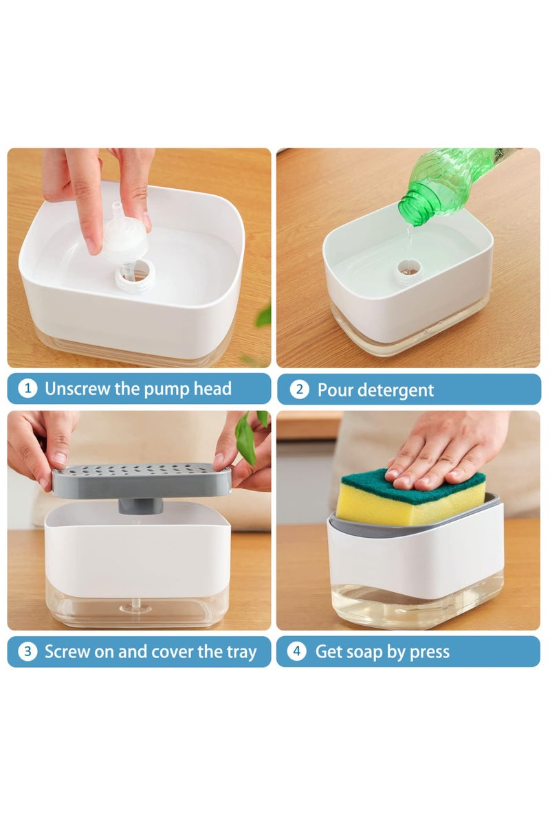 غنافوتو موزع صابون 2 في 1 للطاولة، موزع صابون أطباق المطبخ، موزع صابون مع حامل إسفنجة (أبيض) - Image 5