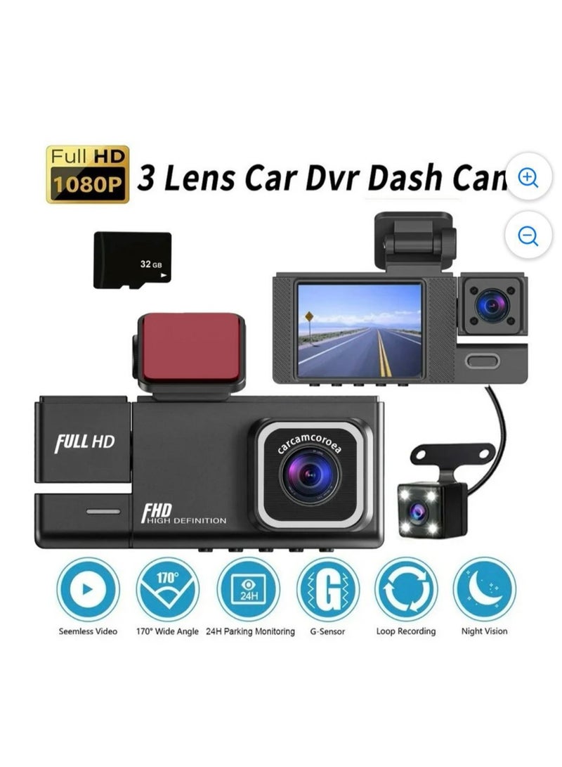 REBENUO Dual Lens Cam 3 Channel Driving Recorder 1080P Dash Cam For Car  170 ° Wide-Angle Car Camera  None 32Gb Card  Adjustable Lens  24 Hour Parking Monitor  Infrared Night Vision  Loop Recording Wdr - Image 1