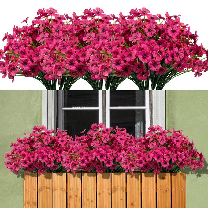 15 Bundles Artificial Flowers Outdoor UV Resistant Fake Silk Plants Plastic Faux Shrubs Outside Front Porch Window Box Garden Home Hanging Planter Decoration Fuchsia
