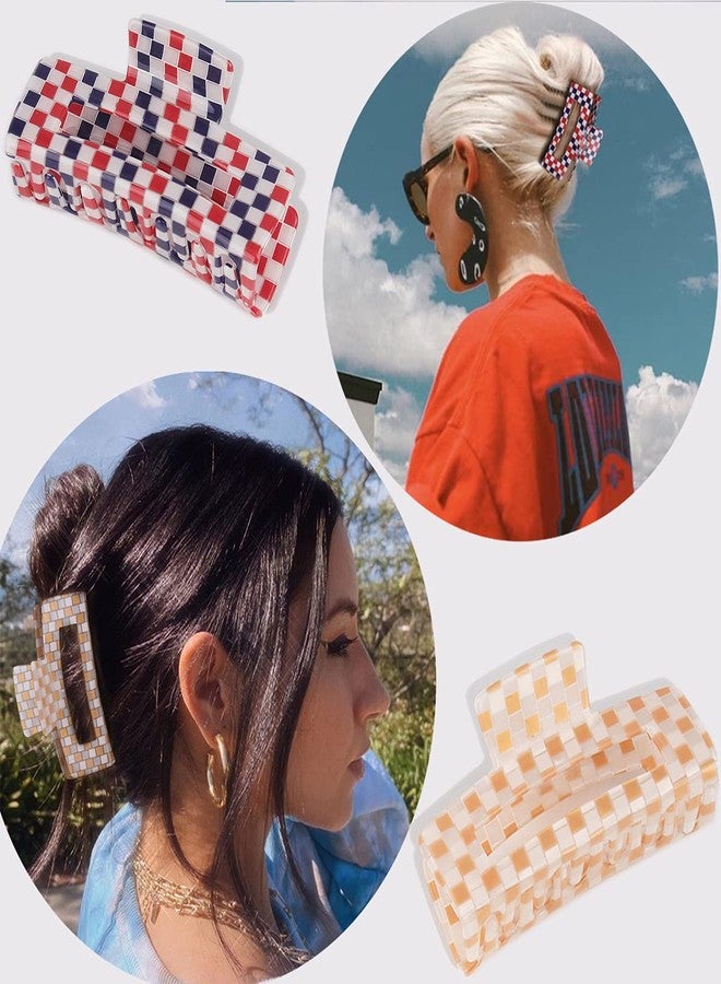 Hapdoo Checkered Claw Clip, Large Hair Claw Clips for Thick Hair, 2pcs Big Hair Clips for Women, Rectangle Claw Clip, Y2K Fashion Accessories Gold Red White and Blue 4th of July Decorations - Image 3