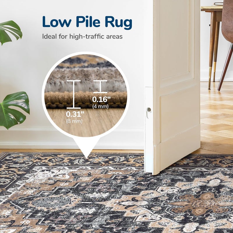 Lessymo Area Rugs 5x7, Machine Washable Area Rug, Super Soft Faux-Wool Area Rugs for Living Room Bedroom Kitchen, Boho Vintage Floral, Non-Slip Low Pile, Kid & Pet Friendly, Black Brown - Image 5