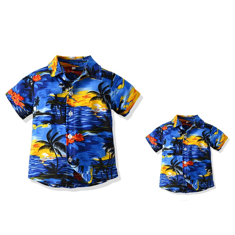 Summer Family Wear Flower Short-Sleeved Cotton Shirt Lapel Beach Vacation Parent-Child Trendy Versatile Printed Casual Cardigan - Image 1