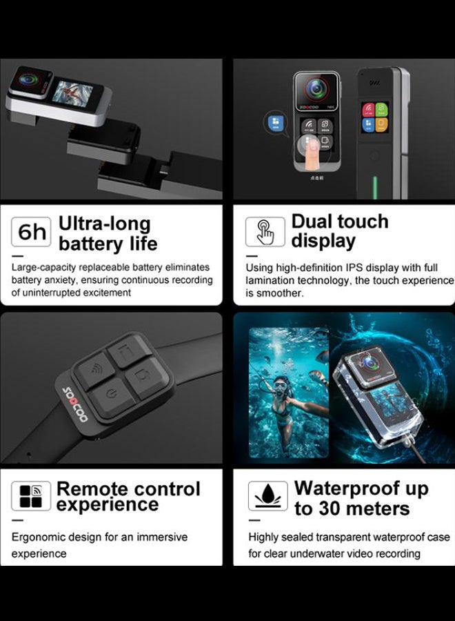 SOOCOO 4K HD handheld pocket camera, six-axis gyro anti-shake 1.3IPS dual color screen touch Y sports camera, free 64GB memory card and card reader, 30 meters waterproof, support live broadcast function, suitable for bloggers and sports people, Suitable for Travel, Sports, Vlog  - Image 2