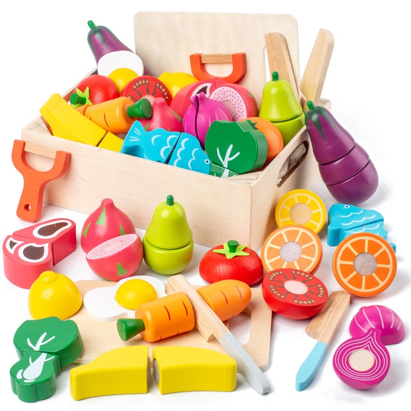 Busy edition 32 Pcs Wooden Play Food Sets for Kids Kitchen Accessories Montessori Educational Toys Food Pretend Play Food for Toddlers Velcro Fruits and Vegetables Cutting Set for Kids Boys Girls - Image 2