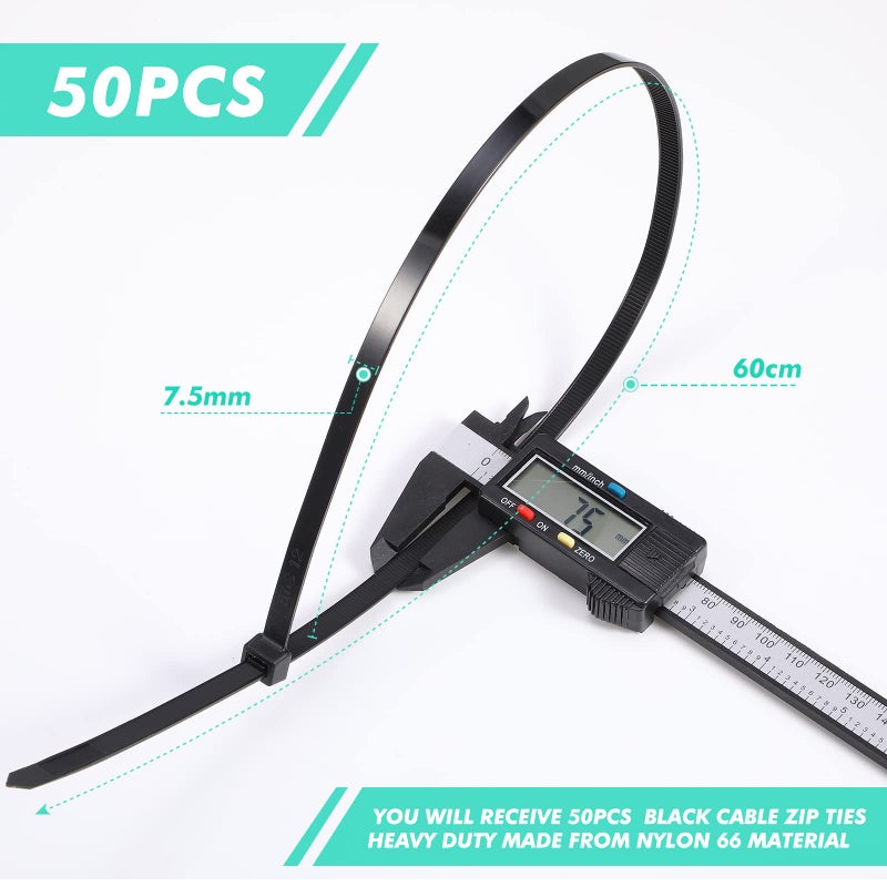 Shappy 50 Pcs Zip Ties Heavy Duty Strong Large Cable Wire Ties Zip Ties Industrial Sturdy Wire Ties, Awnings Tying Branches Bundling of Crops Fixed Water Pipes (Black,24 Inch) - Image 2