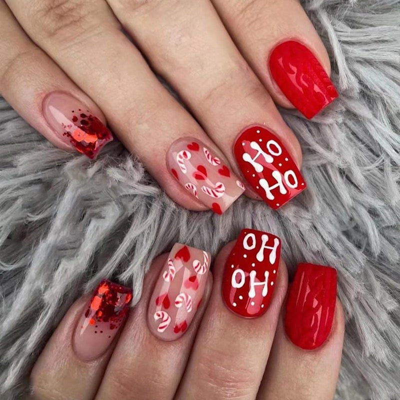 CTTHNBD 6 Packs (144 Pcs) Christmas Press on Nails - Square, Red, Short, Medium, Snowflake False Nails - Glue on, Fake, Stick on Nails for Women - 12 Sizes, 6 Styles - Image 3