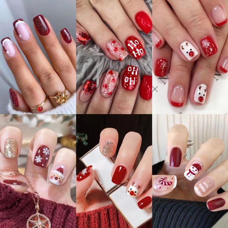 CTTHNBD 6 Packs (144 Pcs) Christmas Press on Nails - Square, Red, Short, Medium, Snowflake False Nails - Glue on, Fake, Stick on Nails for Women - 12 Sizes, 6 Styles - Image 1