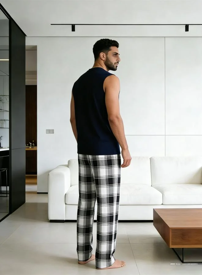 Take Two Dark Blue Men Dark Blue Tank and Plaid Pyjama Set for Men | Best Price UAE