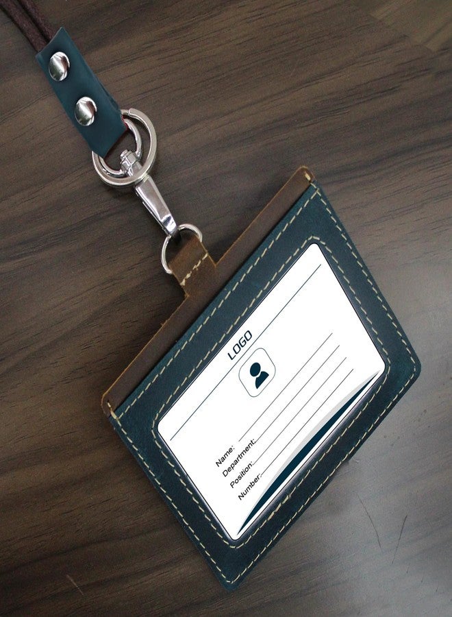 boshiho Badge Holder: Cowhide Leather ID Badge Card Holder with 19" Neck Lanyard, Horizontal Style (Blue) - Image 4