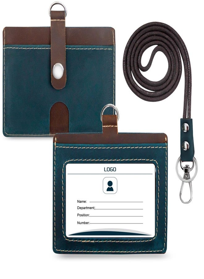 boshiho Badge Holder: Cowhide Leather ID Badge Card Holder with 19" Neck Lanyard, Horizontal Style (Blue) - Image 1