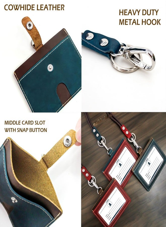 boshiho Badge Holder: Cowhide Leather ID Badge Card Holder with 19" Neck Lanyard, Horizontal Style (Blue) - Image 2
