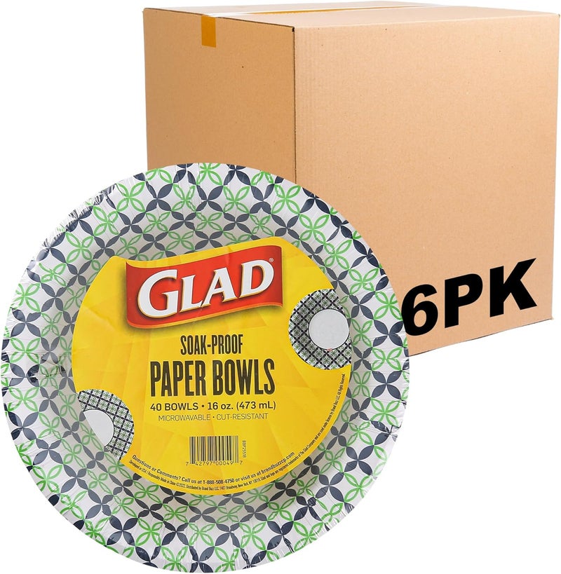 Glad Round Disposable Paper Bowls, Happy Daisies Design - Heavy Duty, Soak Proof, Cut-Resistant, Microwavable Bowl for All Foods & Daily Use, 16 Oz, 40 Count - 6 Pack - Image 1
