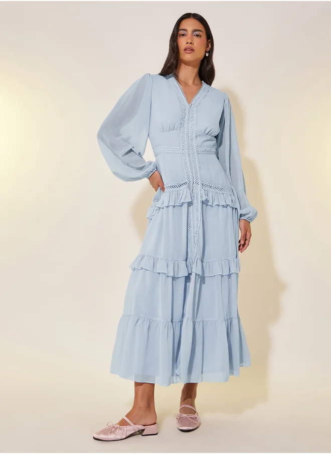 ستايلي Balloon Sleeve Ruffled Detail Lace Insert Maxi Dress