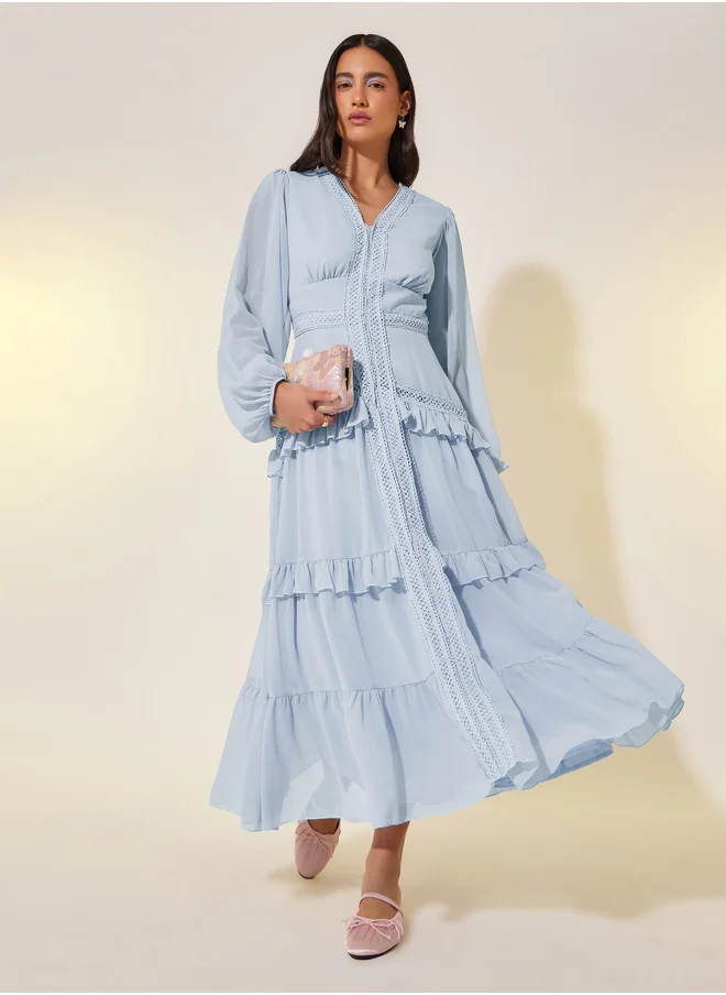 ستايلي Balloon Sleeve Ruffled Detail Lace Insert Maxi Dress