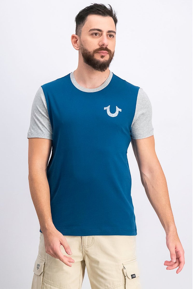 TRUE RELIGION Men Crew Neck Short Sleeve Graphic Print T-shirt, Blue and Grey - Image 1