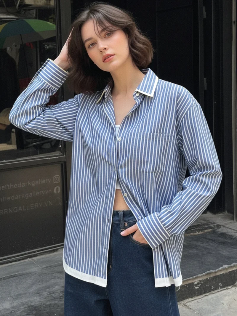 OUTZIDR Blue Oversized Stripe Shirt