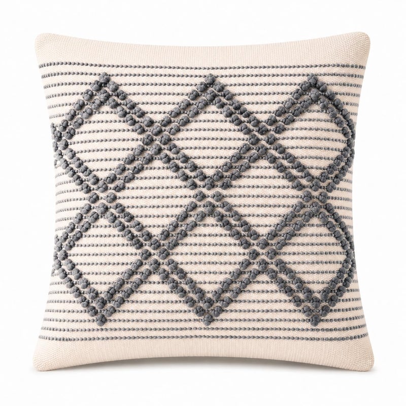 Boho Decorative Throw Pillow Cover, Tufted Geometric Design, Off White and Grey, Bohemian Style