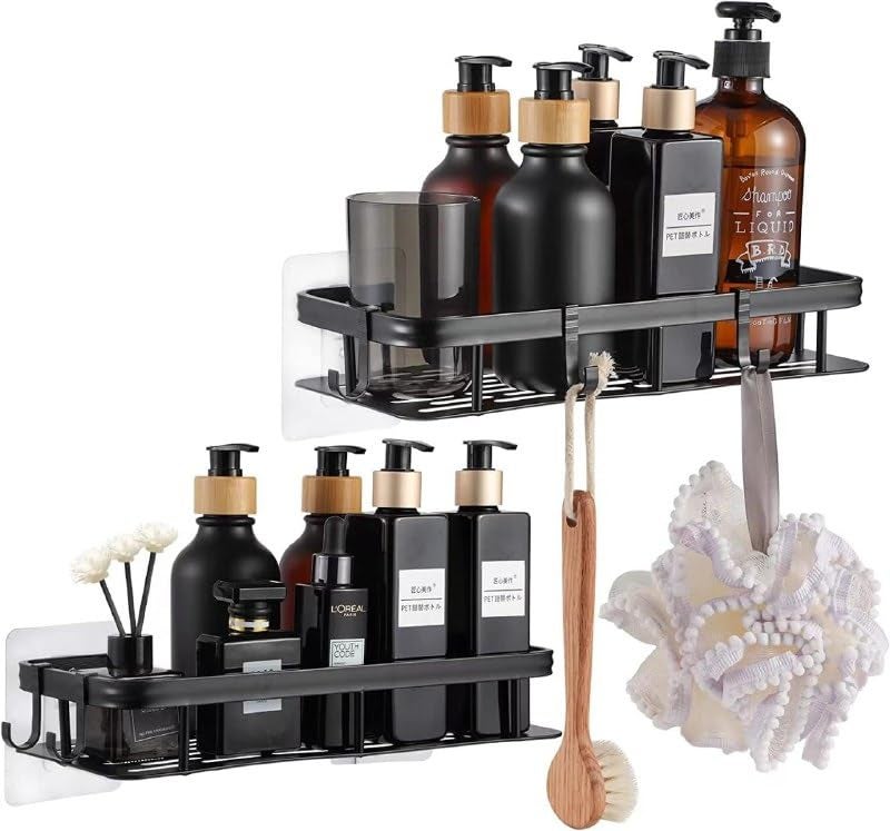 MVM Enterprise MVM Enterprise Shower Caddy Shelf Organizer Rack Self Adhesive Black Bathroom Shelves Basket Home Farmhouse Wall Inside Organization and Storage Decor First Camper Apartment Essentials 