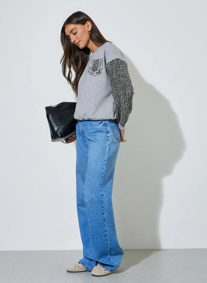 Styli Grey Round Neck Sweatshirt with Textured Sleeves and Pocket Detail
