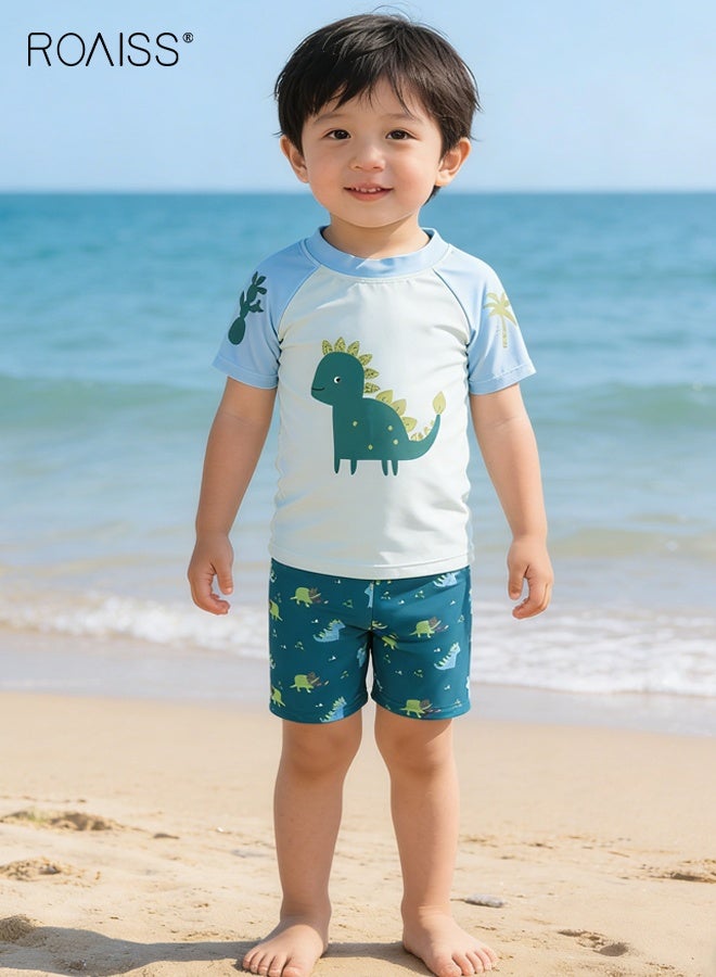 roaiss Boys 3PCS Swimsuit with Hat, Quick-drying Swim Set with Dinosaur Top, Elastic Waist Shorts and Sunhat, Summer Bathing Suit for Boys, Breathable Skin-friendly Rash Guard Swimsuits - Image 1