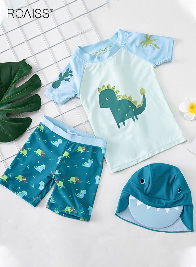 roaiss Boys 3PCS Swimsuit with Hat, Quick-drying Swim Set with Dinosaur Top, Elastic Waist Shorts and Sunhat, Summer Bathing Suit for Boys, Breathable Skin-friendly Rash Guard Swimsuits - Image 3