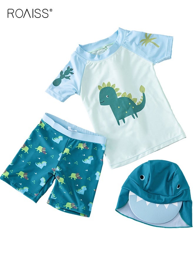 roaiss Boys 3PCS Swimsuit with Hat, Quick-drying Swim Set with Dinosaur Top, Elastic Waist Shorts and Sunhat, Summer Bathing Suit for Boys, Breathable Skin-friendly Rash Guard Swimsuits - Image 2