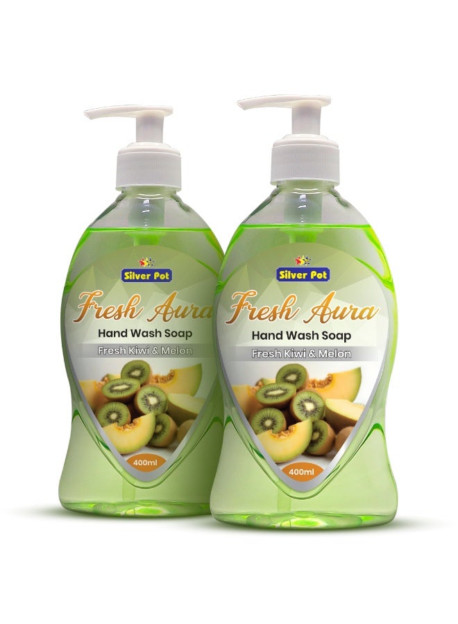 Silver Pot - Fresh Aura, Kiwi & Melon Hand Wash, Pack of 2 x 400ml each, Moisturizing Liquid Soap, Gentle Cleansing, Effective Germ Protection, Refreshing Kiwi & Melon Scent, 10x Odor Removal - Image 1