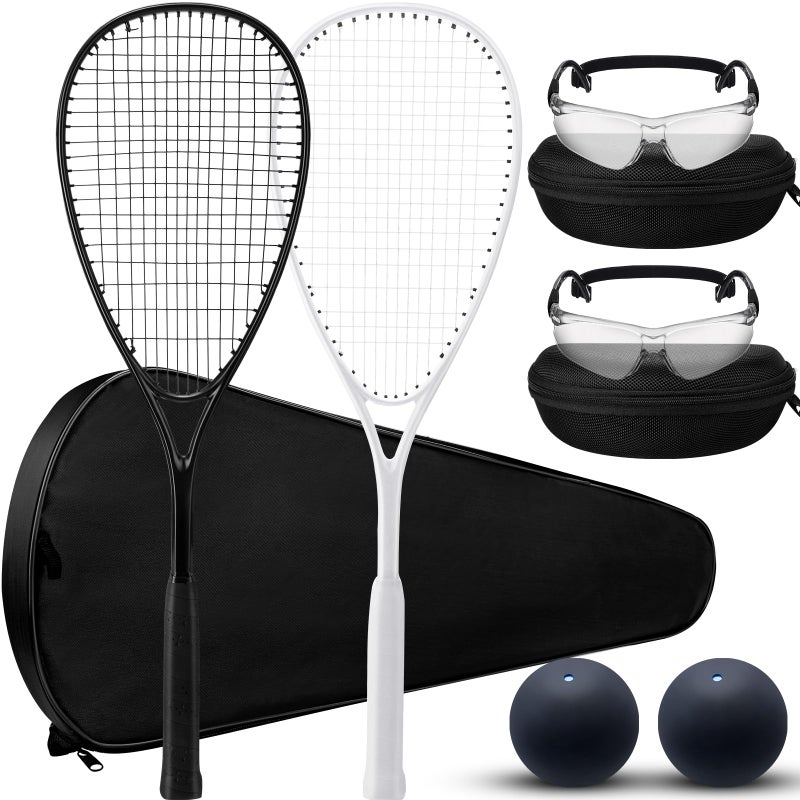 Seenelling Beginner Squash Racquet Set Includes 2 Squash Racquets with Racket Bags 2 Anti Fog Goggles with Cases and 2 Blue Dot Ball for Beginners Training and Recreational Play