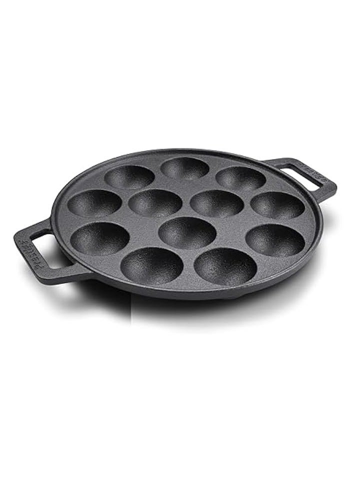 Green Tiger Cast Iron Appam Pan 26 CM | Duel Handle Appam Pan | Pre Seasoned Induction Cast Iron Cookware Black - Image 1