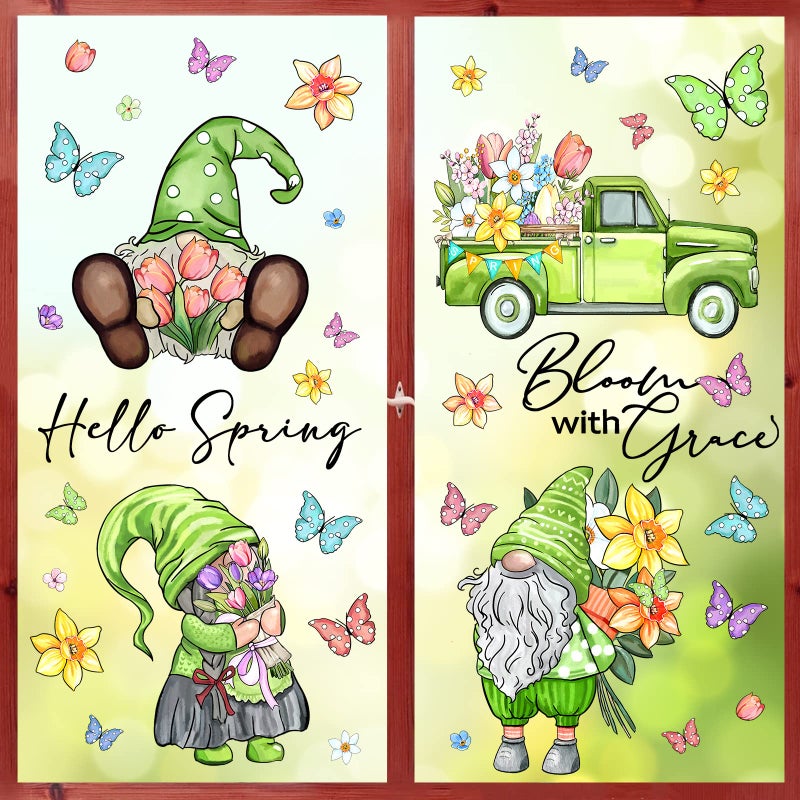 Whaline 106Pcs Spring Window Clings Watercolor Spring Gnome Butterfly Flowers Window Decal Reusable PVC Stickers for Home Party Window Glass Mirror Decoration Supplies