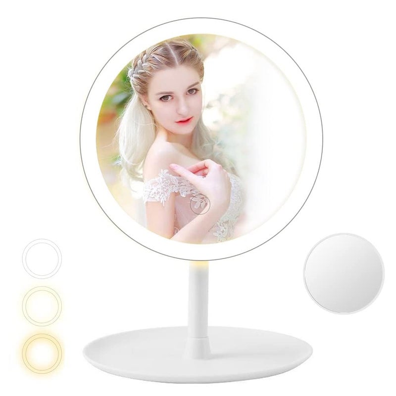 Loop Group Round Vanity Mirror with Customizable 3Color LED Lighting and with Storage Tray Rechargable with USB MicroB Connector Portable Makeup Mirror with Foldable Stand White