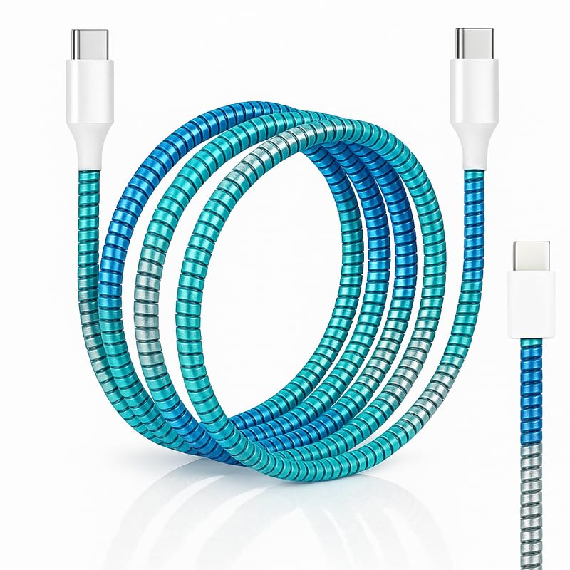 Estrenar Spiral Cable Protector | Charger Wire Protector for Type-C, iPhone, Earphones & USB | Flexible Full Length Wire Saver Spring Guard | Charging Cable & Data Cable Protector Rainbow Blue - Image 1
