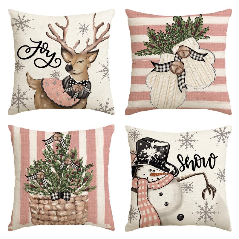 AVOIN colorlife AVOIN colorlife Pink Christmas Snowman Reindeer Gloves Eucalyptus Throw Pillow Covers  20 x 20 Inch Winter Holiday Stripes Cushion Case Decoration for Sofa Couch Set of 4  - Image 1