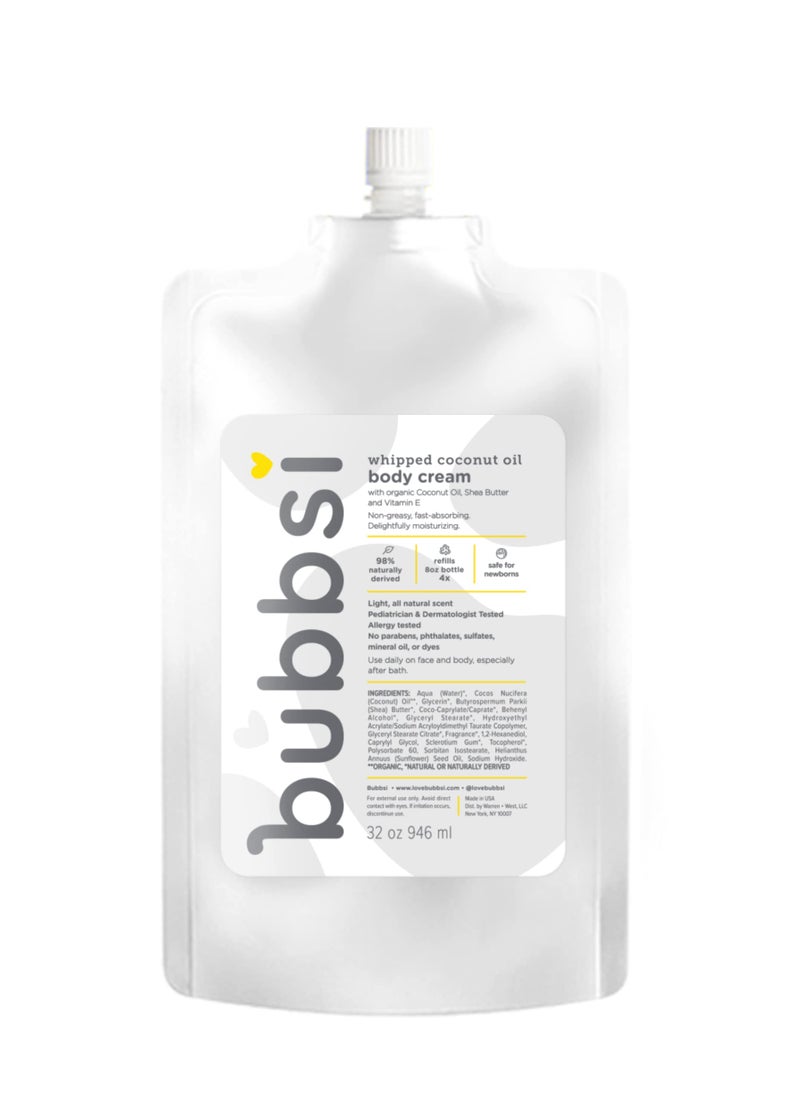 Bubbsi Whipped Coconut Oil Baby Lotion for Eczema, Dry Skin, Baby Acne, KP | Organic Coconut Oil, Shea Butter, Vitamin E | Light, Natural Scent | EU Compliant, Vegan (Refill Pouch, 32oz) - Image 1