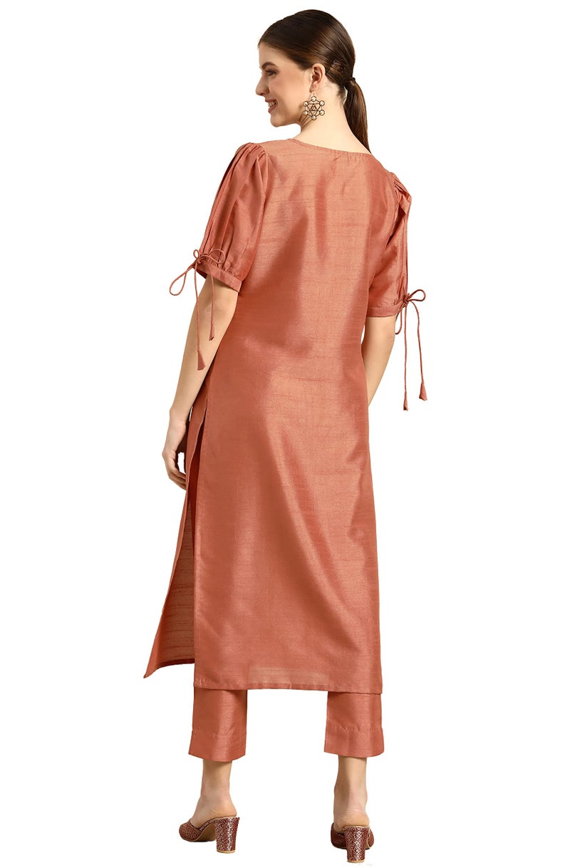 Janasya Women Peach Silk Blend Kurta & Pant Set with Embellished Print Outfit for Women - Image 3