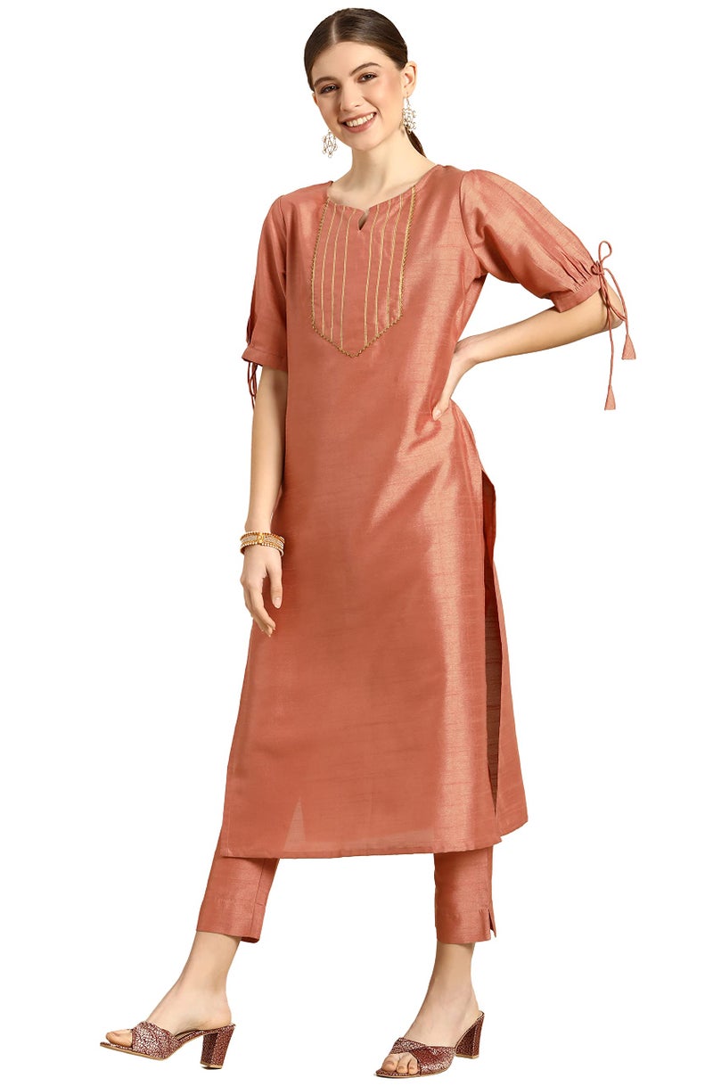 Janasya Women Peach Silk Blend Kurta & Pant Set with Embellished Print Outfit for Women - Image 2