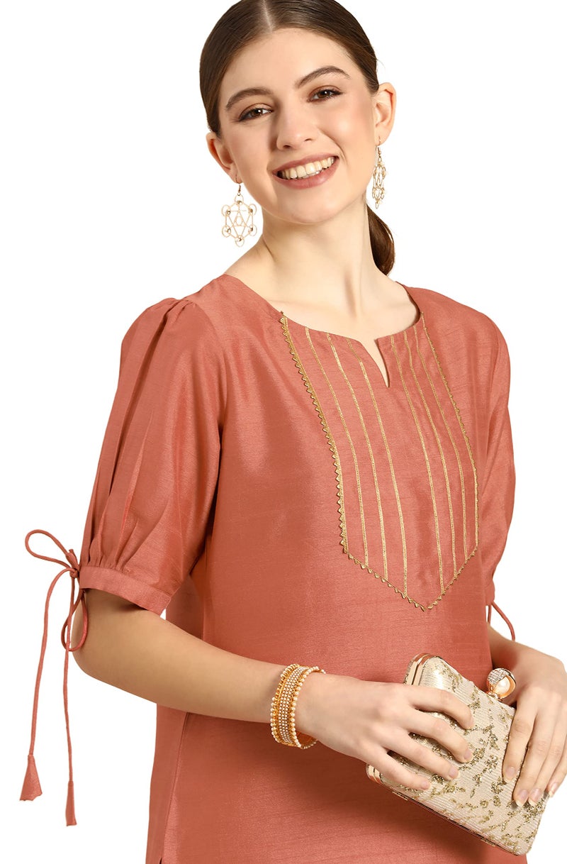 Janasya Women Peach Silk Blend Kurta & Pant Set with Embellished Print Outfit for Women - Image 4