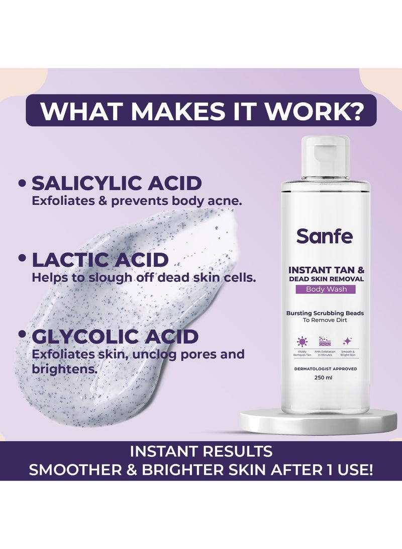 Sanfe Instant Tan Removal Exfoliating Body Wash AHA Smooth Bright Skin 250ml - Image 3