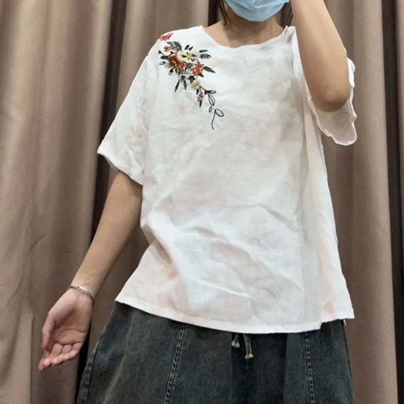 Women's Summer New Artistic Retro Embroidered Cotton and Linen Top Loose Pullover Short-sleeved Ethnic Style Flesh Covering Round Neck T-shirt - Image 3
